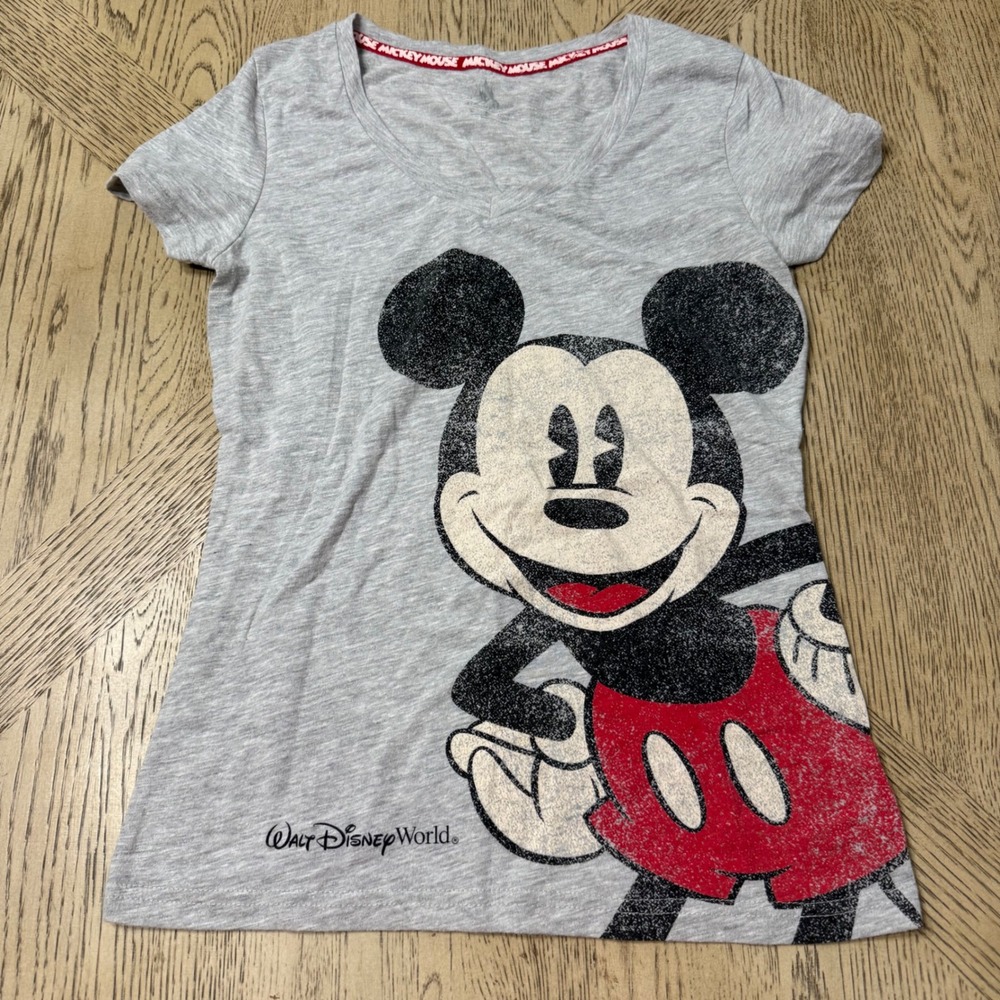Disney Women's Size Medium Mickey Mouse Walt Disney World Gray V Neck T Shirt